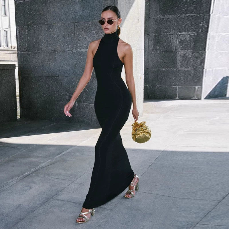 Ins-style half-neckless sleeveless dress for women, sexy chick, stretch fabric, high-waisted, elegant, knee-length dress