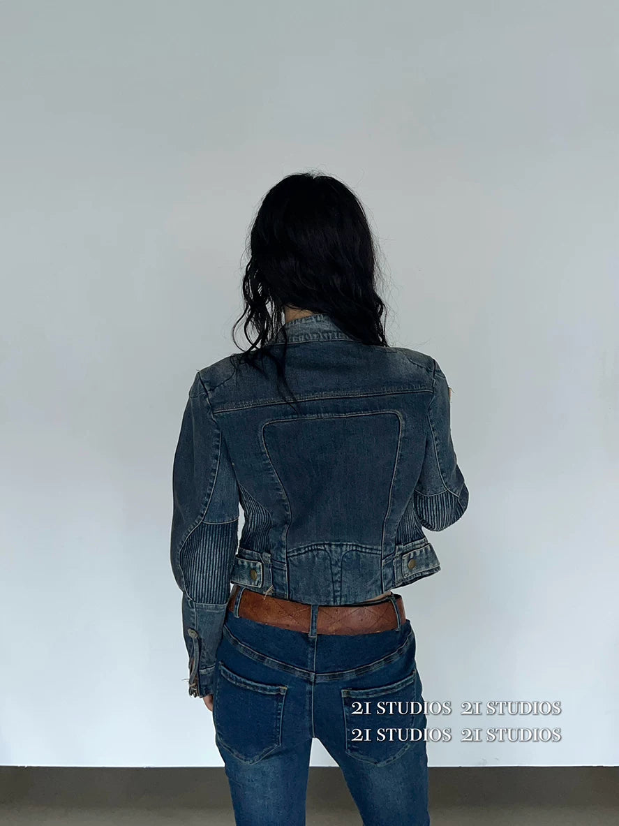 Retro Spring Denim Jacket for Women - Short Sleeve Coat - Denim Pants Set