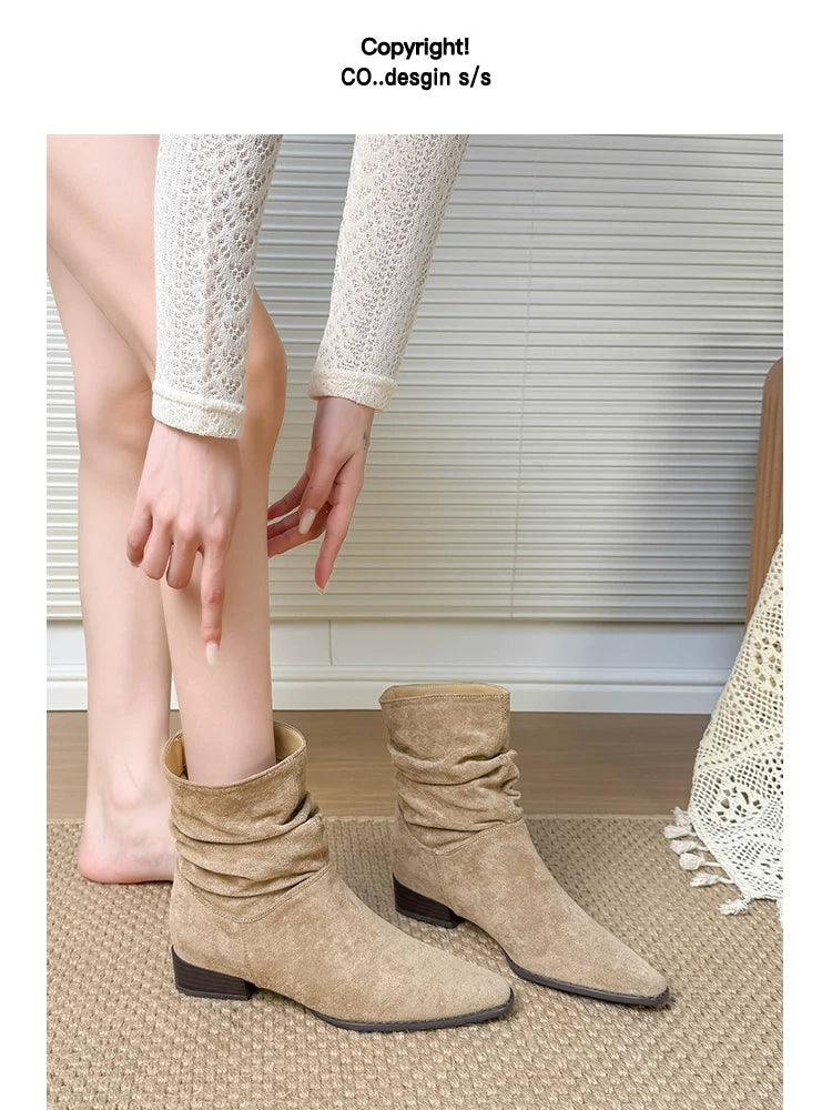 Leather version ~ Retro suede pointed toe pleated boot for women, thick heel, low heel, short boot, slimming effect, western style denim boot