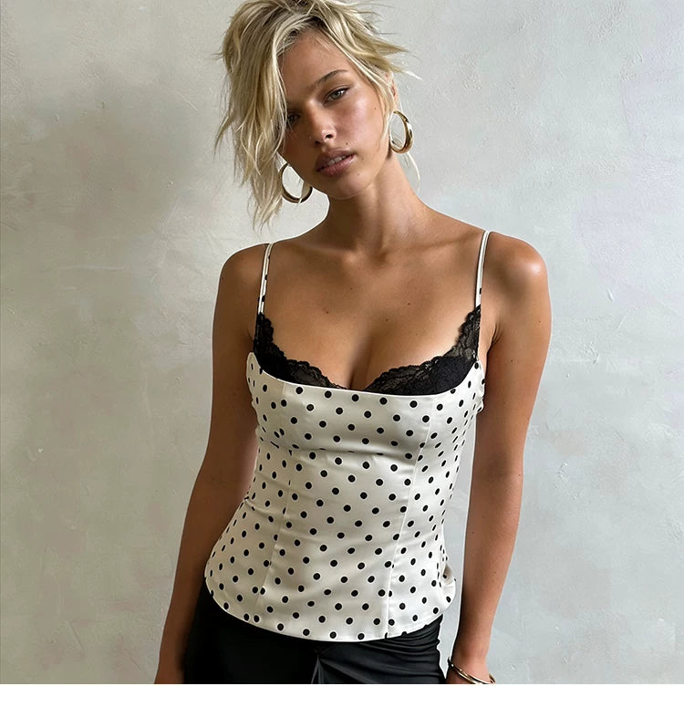 Sexy fit. Unique fashion. Lace patchwork with polka dots. Stretchable halter-necked top for women.