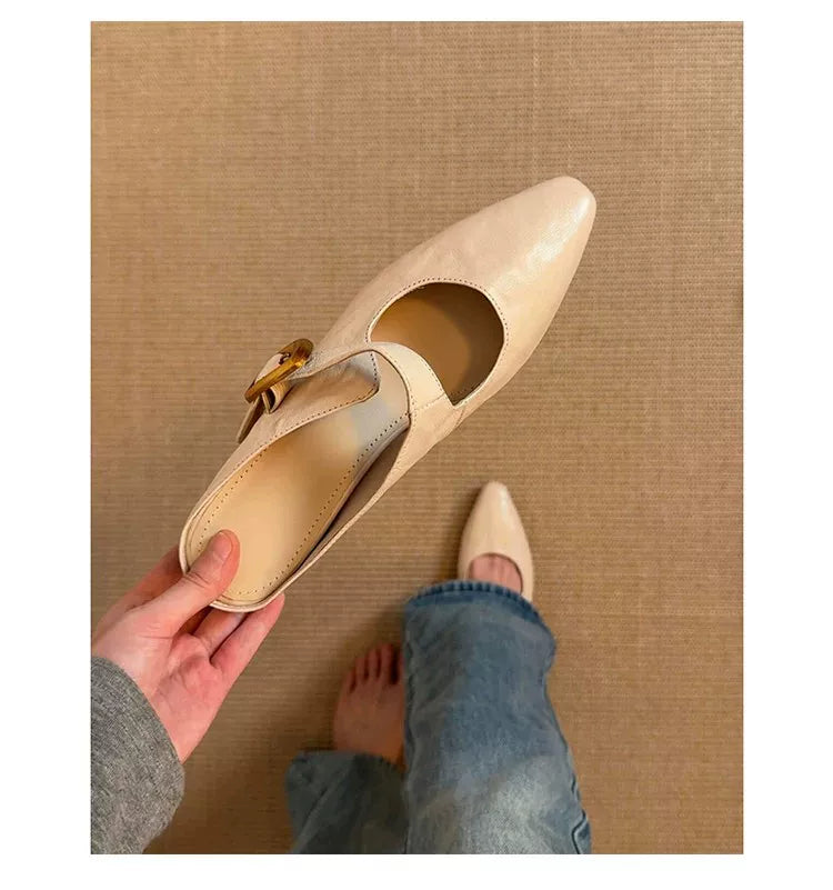 Soft sheepskin - genuine leather French style old money style one-button bag cap toe half-heel women's summer outerwear casual inner high-heeled flip-flop shoes