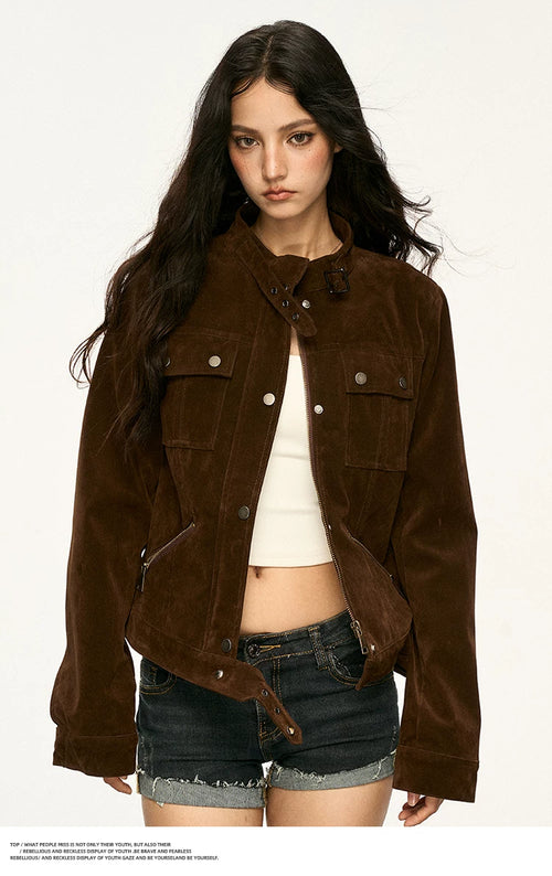 Brown suede collar coat for women, 2026 spring autumn new style, retro short style motorcycle jacket
