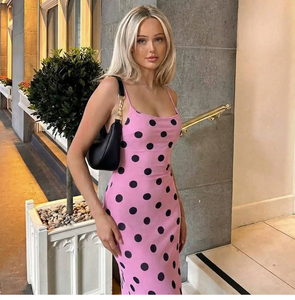 Holiday Trouble Point Print Strappy Waist-Slim Backless Halter Dress Feminine Long Skirt