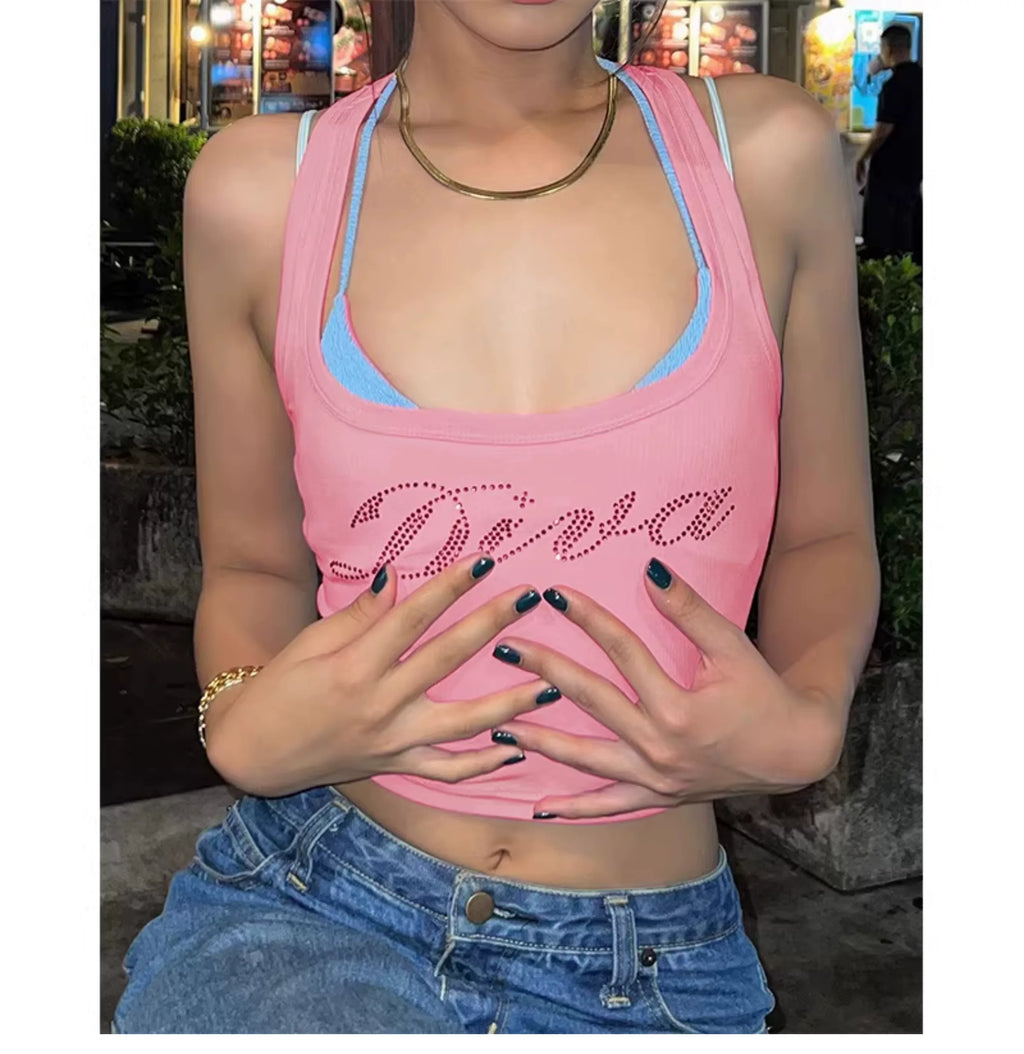 Round-cut diamond letter print square-necked halter-style tank top for women - summer sexy base layer, form-fitting short top