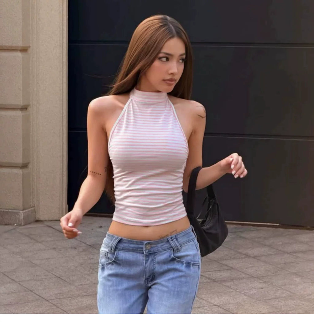 Summer pink striped unlined halter-neck tank top for ladies - edgy chick style with strapless backless short top design
