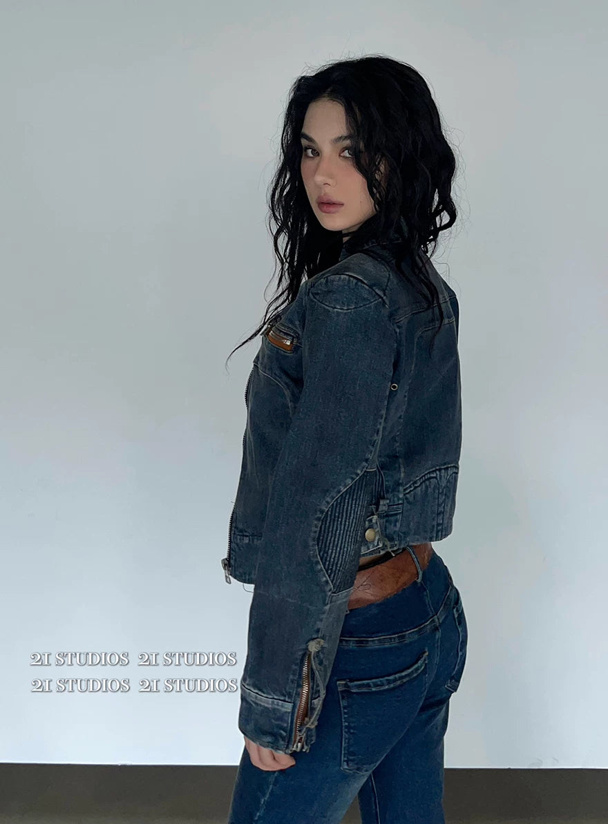 Retro Spring Denim Jacket for Women - Short Sleeve Coat - Denim Pants Set
