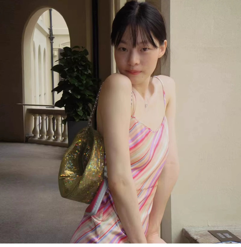 Colorful diagonal stripe printed halter top dress for women. High stretch satin see-through fitted slimming one-piece skirt.