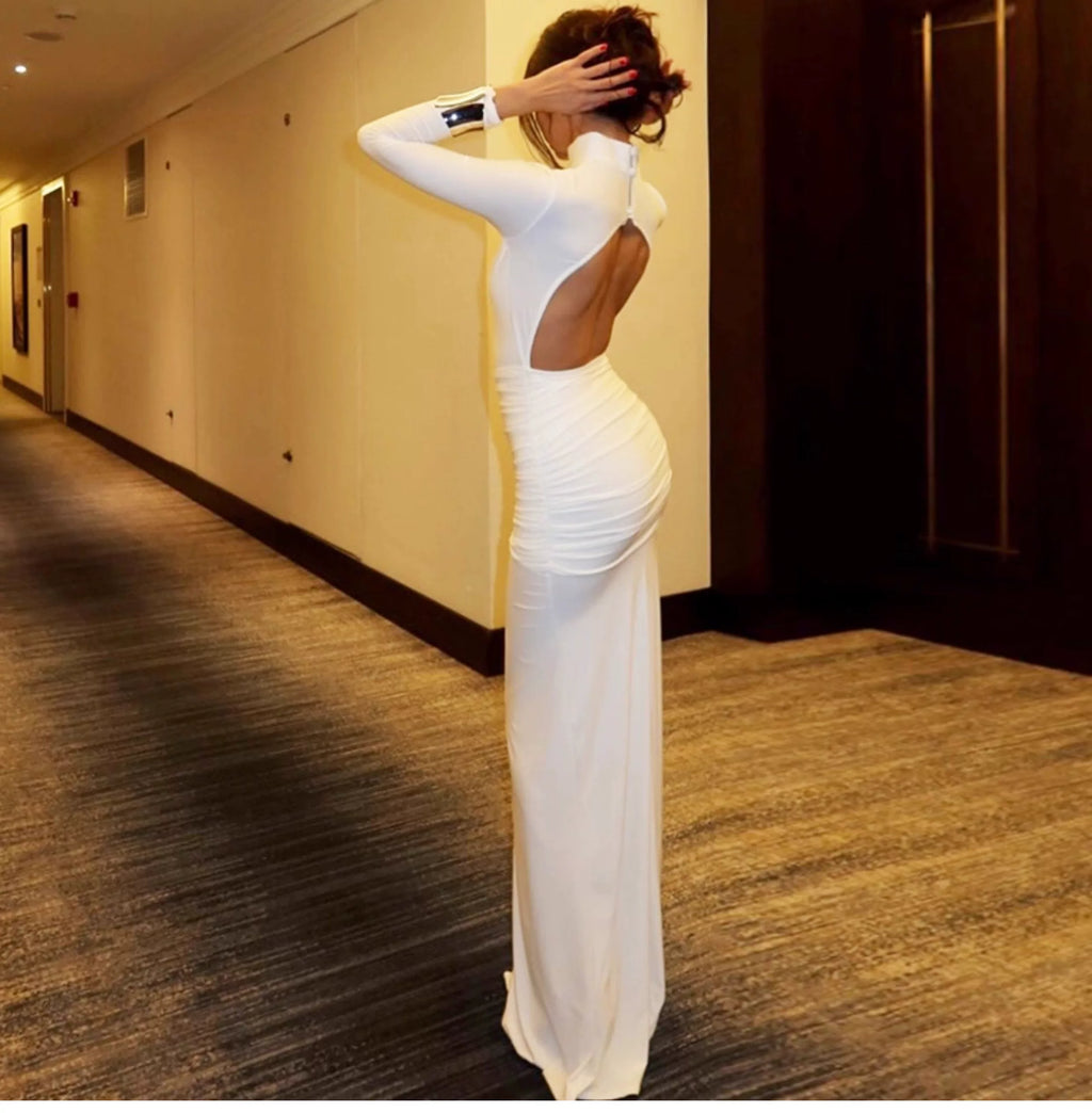 Sexy backless button-up long-sleeved dress with pleats, high-waisted, fitted and hourglass-shaped long skirt for women