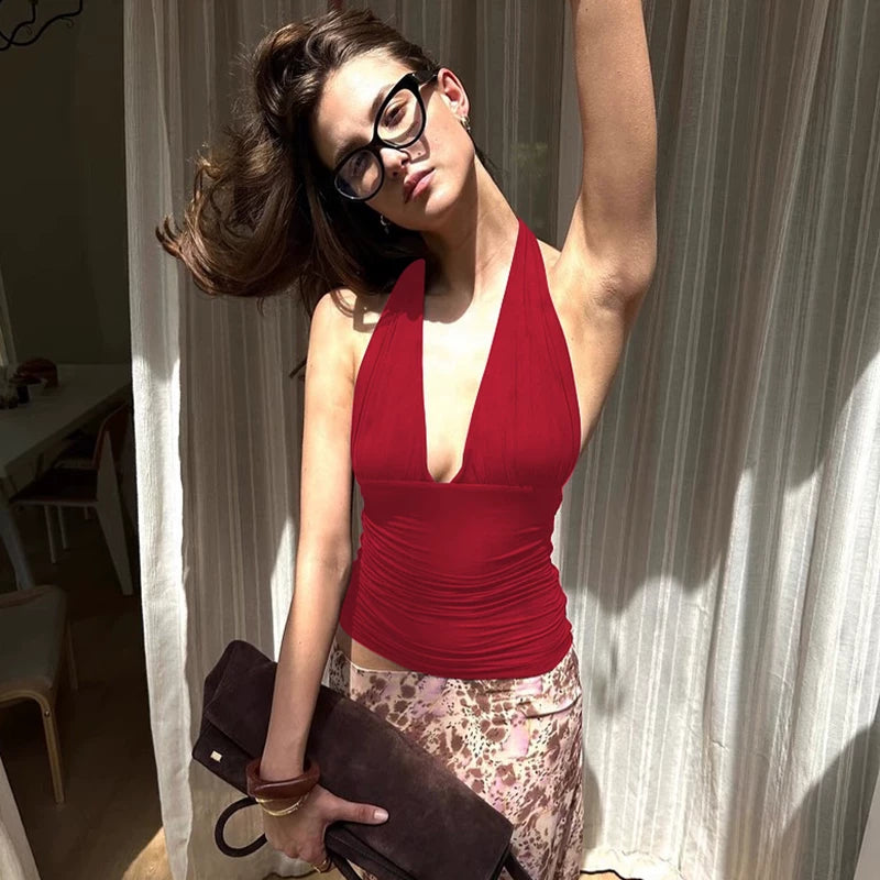 Ins deep V-neck strapless backless halter top for women, stretchy and figure-hugging, trendy girl's short top