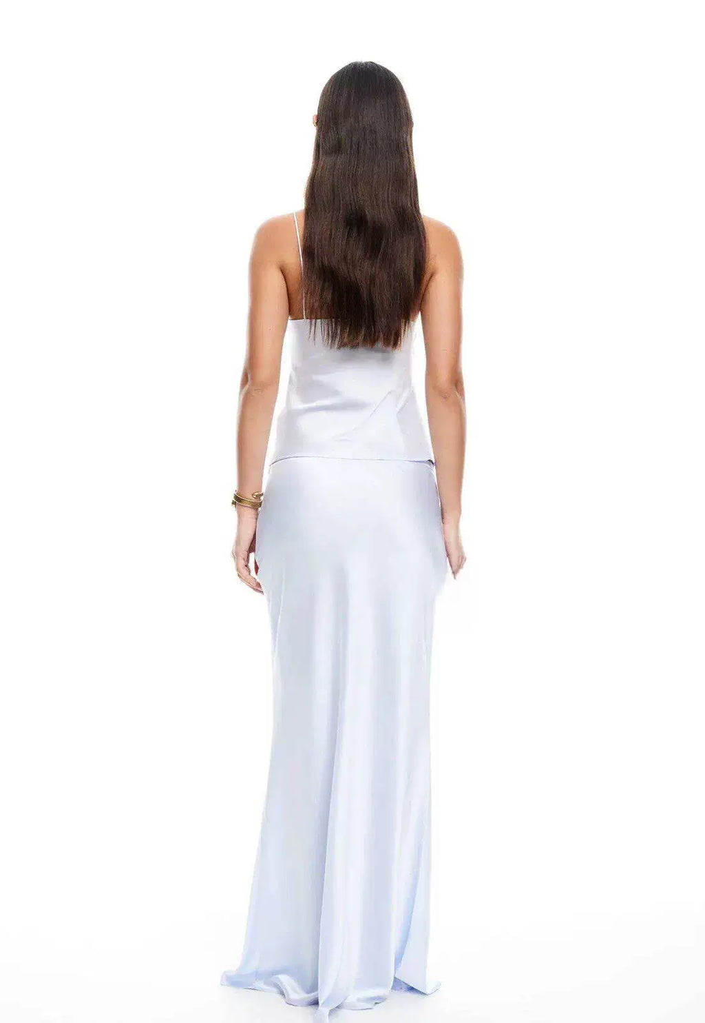 Sexy hot girl asymmetrical open satin strapless top with a belt, paired with a low-waisted half-length skirt set