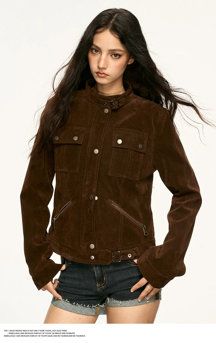 Brown suede collar coat for women, 2026 spring autumn new style, retro short style motorcycle jacket