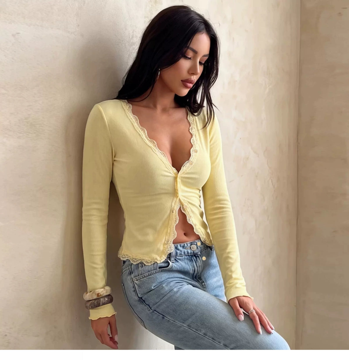 Daily versatile lace trim single-button cardigan slim-fitting and figure-hugging casual long-sleeved T-shirt top for women