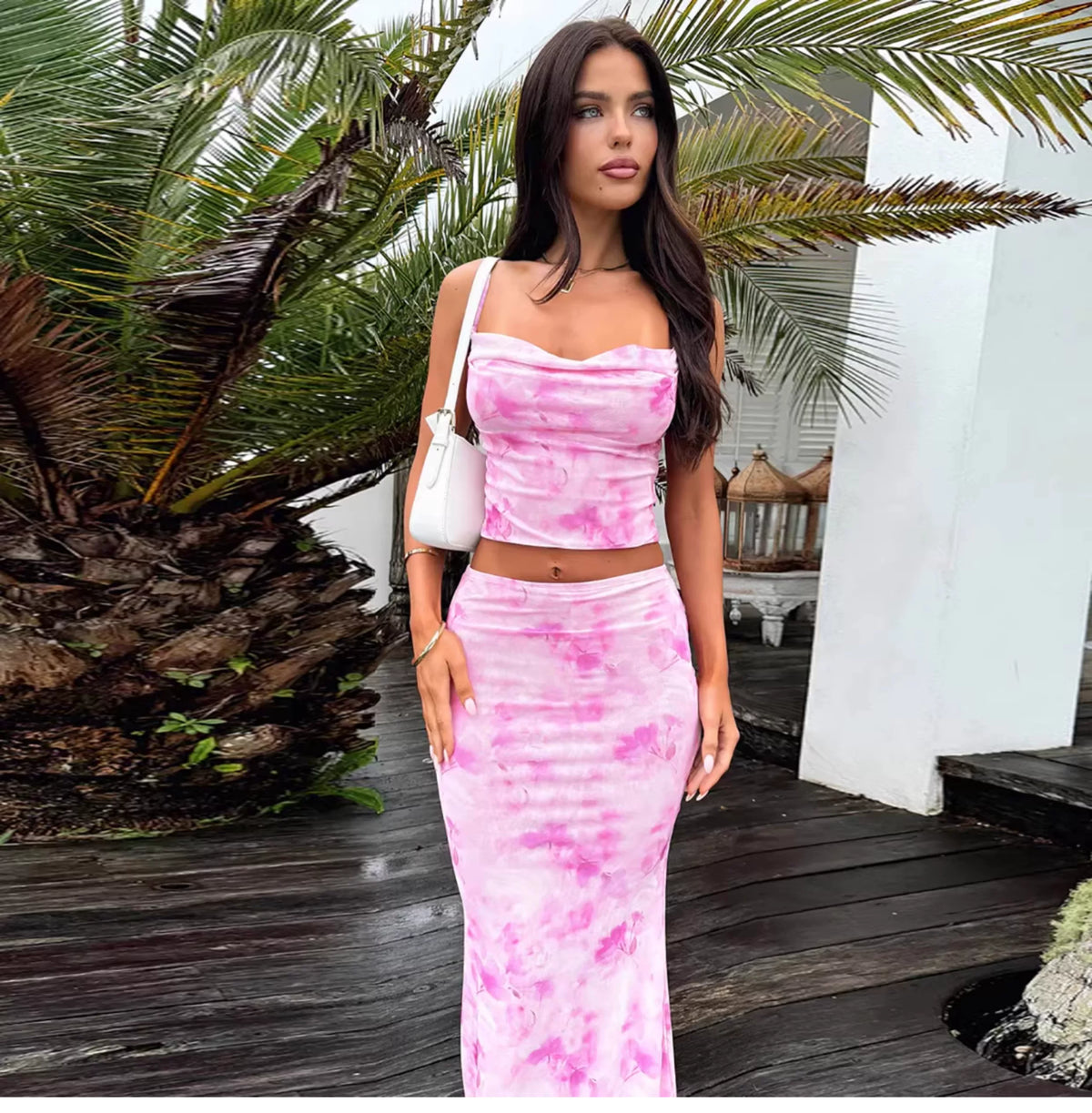 Zydeco print fashion set - V-neck halter top, high-waisted fitted frilly long skirt set