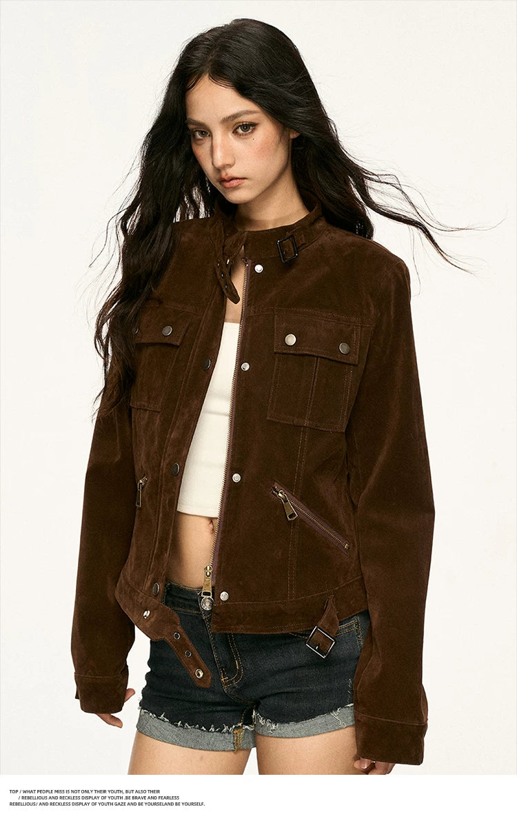 Brown suede collar coat for women, 2026 spring autumn new style, retro short style motorcycle jacket
