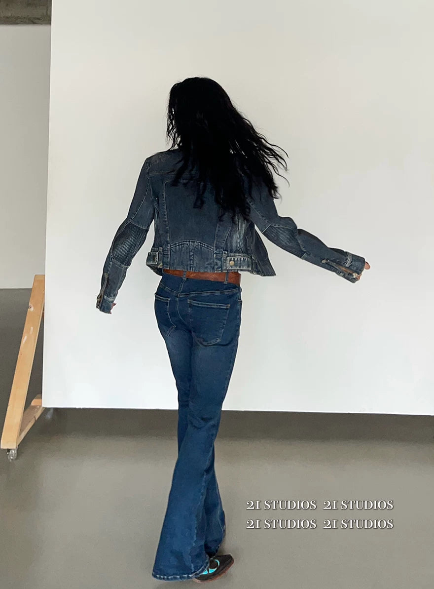 Retro Spring Denim Jacket for Women - Short Sleeve Coat - Denim Pants Set
