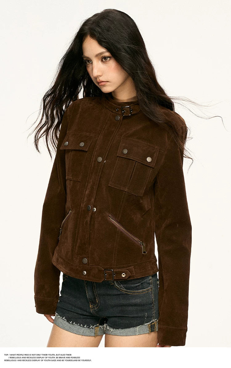 Brown suede collar coat for women, 2026 spring autumn new style, retro short style motorcycle jacket