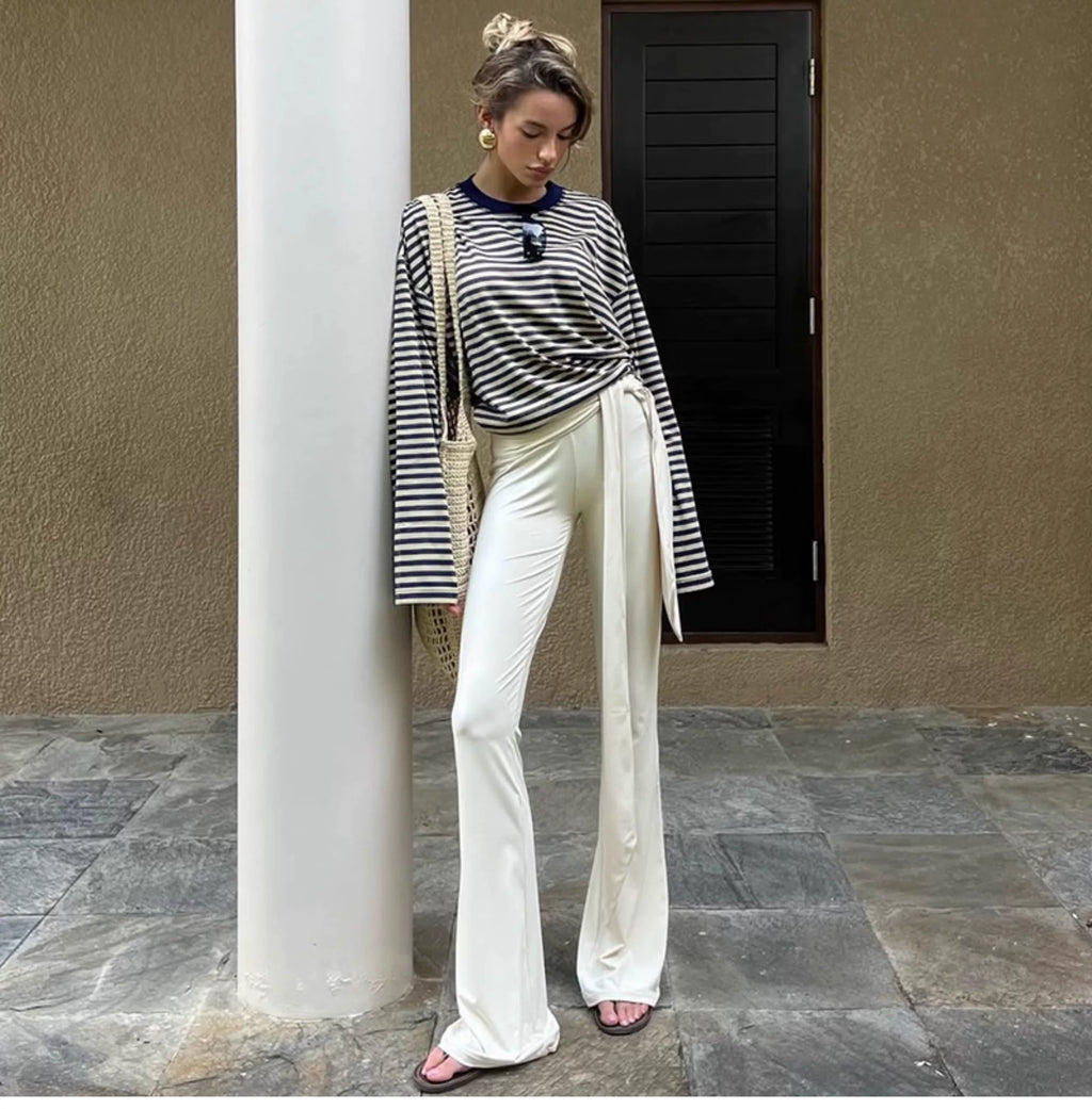 Fashionable loose and casual color-blocked striped printed round-neck long-sleeved top for women in early autumn, trendy and versatile T-shirt