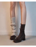 Leather version ~ Retro bow ballet-style stretch slim boots for women with round toe, suede upper, thick heel, side zipper, short length