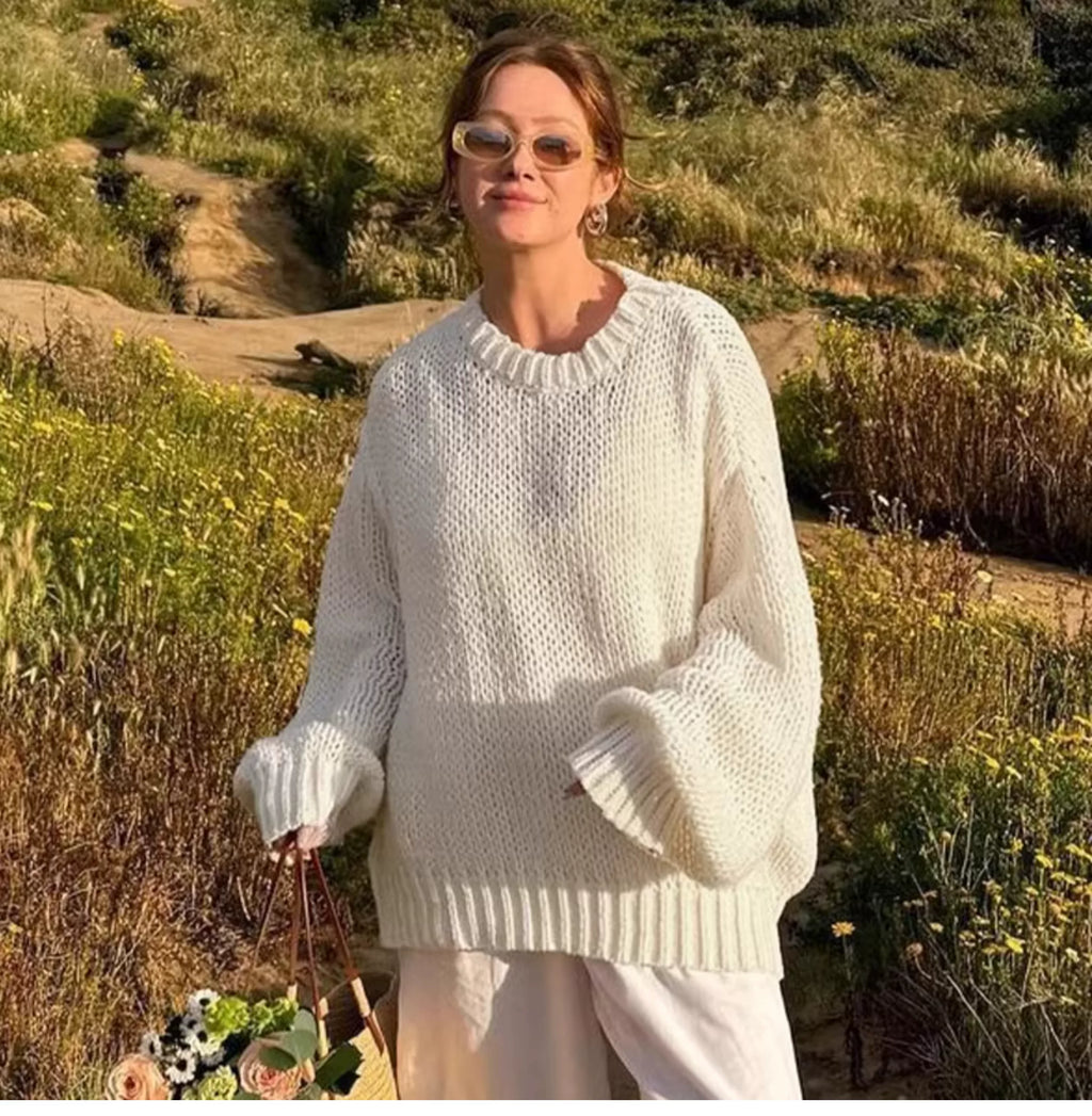 Fall new round-neck loose casual long-sleeved sweater - versatile for outerwear, lightweight semi-transparent trendy top