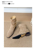 Leather version ~ Retro suede pointed toe pleated boot for women, thick heel, low heel, short boot, slimming effect, western style denim boot