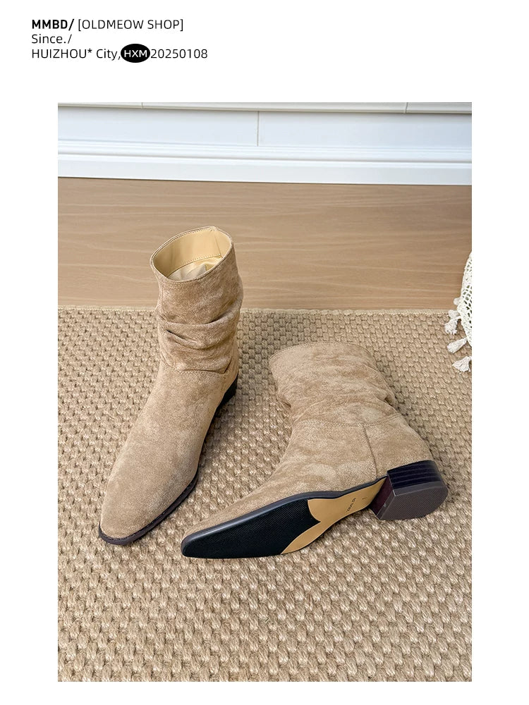 Leather version ~ Retro suede pointed toe pleated boot for women, thick heel, low heel, short boot, slimming effect, western style denim boot