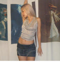 Ins-style sexy hot girl halter-neck crop top for women. Glittering straps, backless, high-waisted, sheer short top.