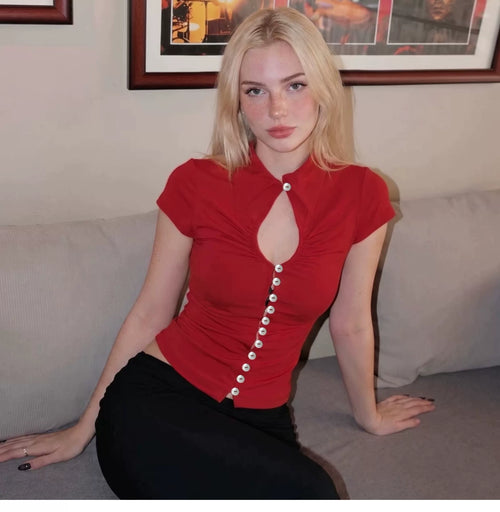Collarless open-front single-button short-sleeved T-shirt for women, suitable for all seasons, slim-fitting, pure color, trendy, perfect for cool girls.