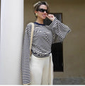 Fashionable loose and casual color-blocked striped printed round-neck long-sleeved top for women in early autumn, trendy and versatile T-shirt
