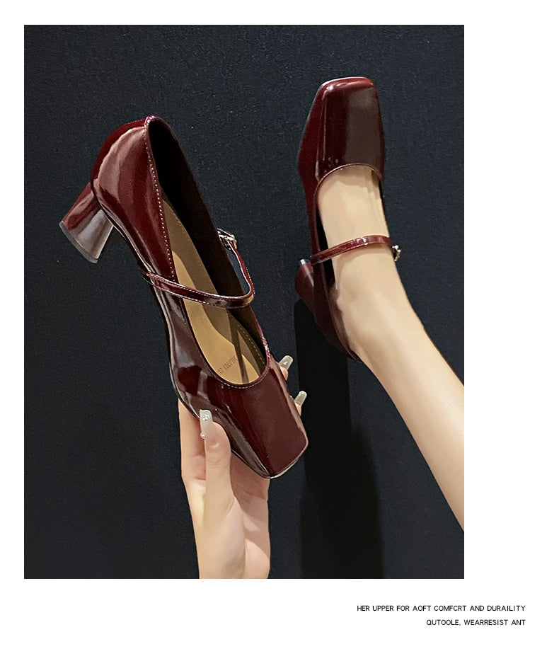 Spring/Summer New Style Thick-Topped Women's Leather Slingback Square-Toe Low-Cut Mary Jane Pumps with Skirt Button-Up High Heels