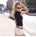 Sexy single-row snap closure cardigan short-sleeved T-shirt for women, suitable for all seasons, stretchy and form-fitting short top