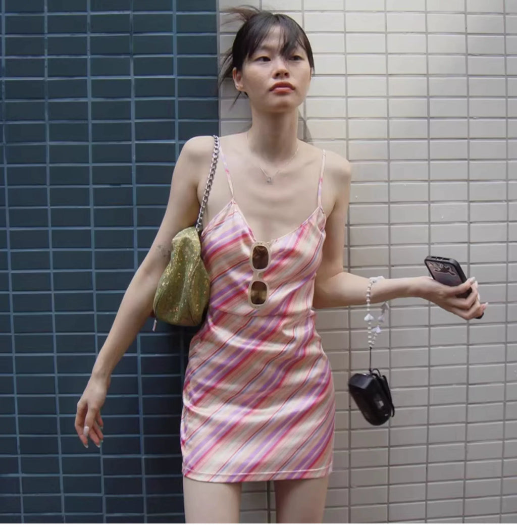 Colorful diagonal stripe printed halter top dress for women. High stretch satin see-through fitted slimming one-piece skirt.