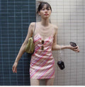 Colorful diagonal stripe printed halter top dress for women. High stretch satin see-through fitted slimming one-piece skirt.