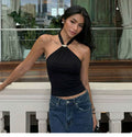 Fashionable and versatile metal ring strap halter-neck tank top for women, revealing the back, slim-fit, spicy girl style top