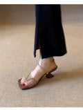 Sheepskin version ~ Soft-soled hand-woven Roman sandals for women, versatile and comfortable leather pointed-toe slip-on high-heeled sandals