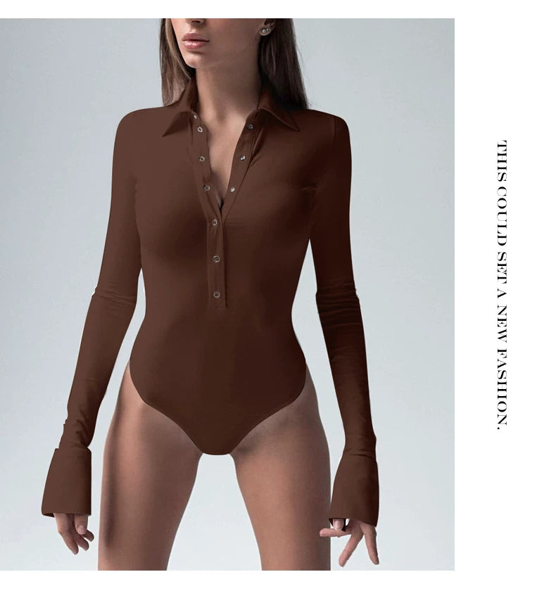 Sexy POLO half-collared long-sleeved one-piece top for women, suitable for spring and autumn, high-waisted, versatile, thick-fabric base layer shirt