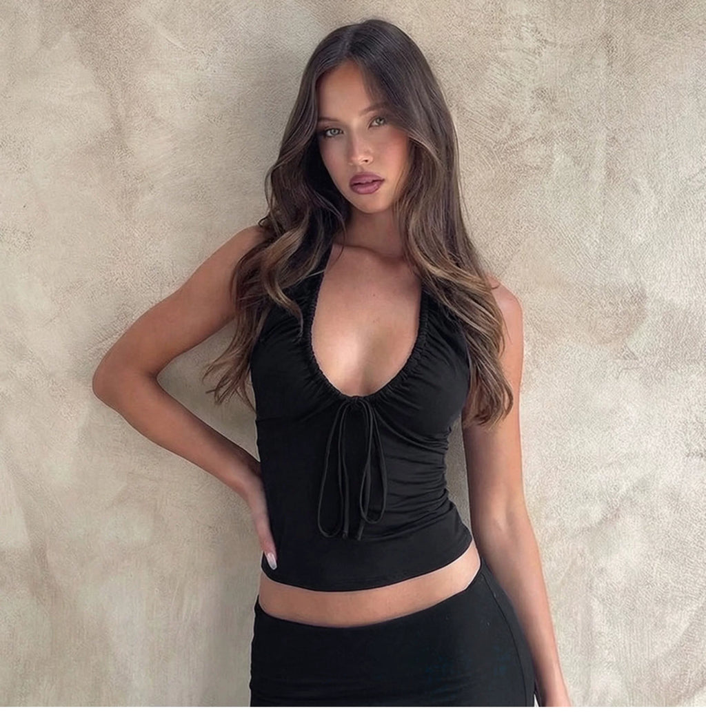 Sexy deep V-neck drawstring tie halter top, high-waisted slim-fit revealing back short top for women