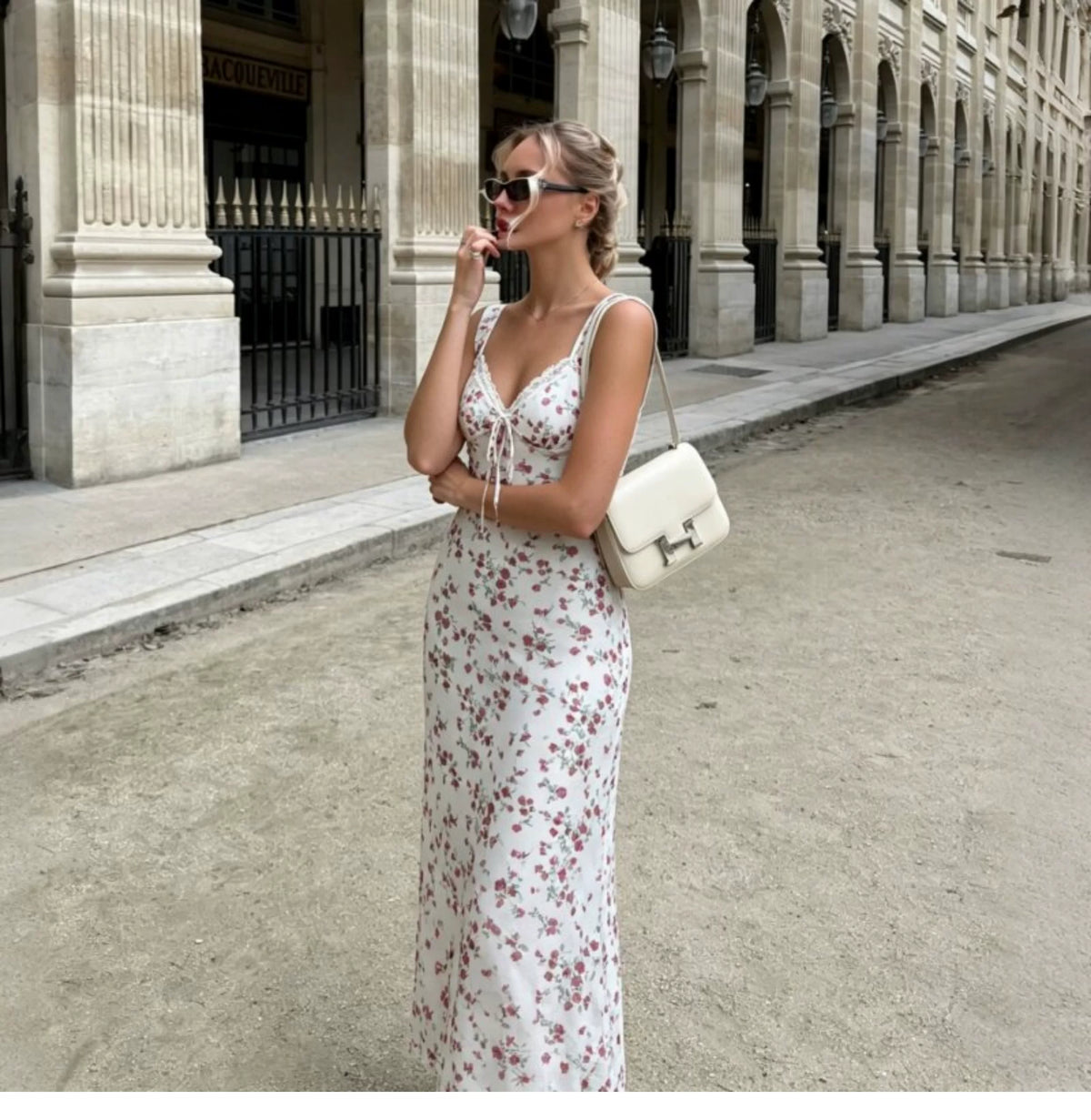 Holiday-style double-layer netted floral halter dress with lace stitching and tie straps, high-waisted and figure-hugging long dress