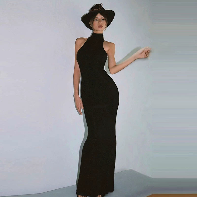 Ins-style half-neckless sleeveless dress for women, sexy chick, stretch fabric, high-waisted, elegant, knee-length dress