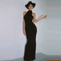 Ins-style half-neckless sleeveless dress for women, sexy chick, stretch fabric, high-waisted, elegant, knee-length dress