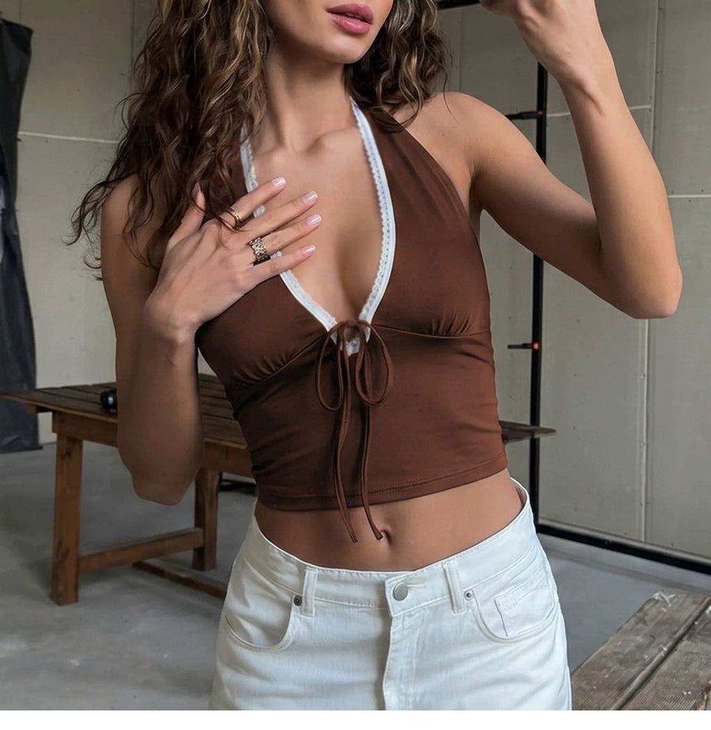 Sexy backless lace deep V-neck collarless backless top for girls with high waist and fitted design, featuring adjustable straps.