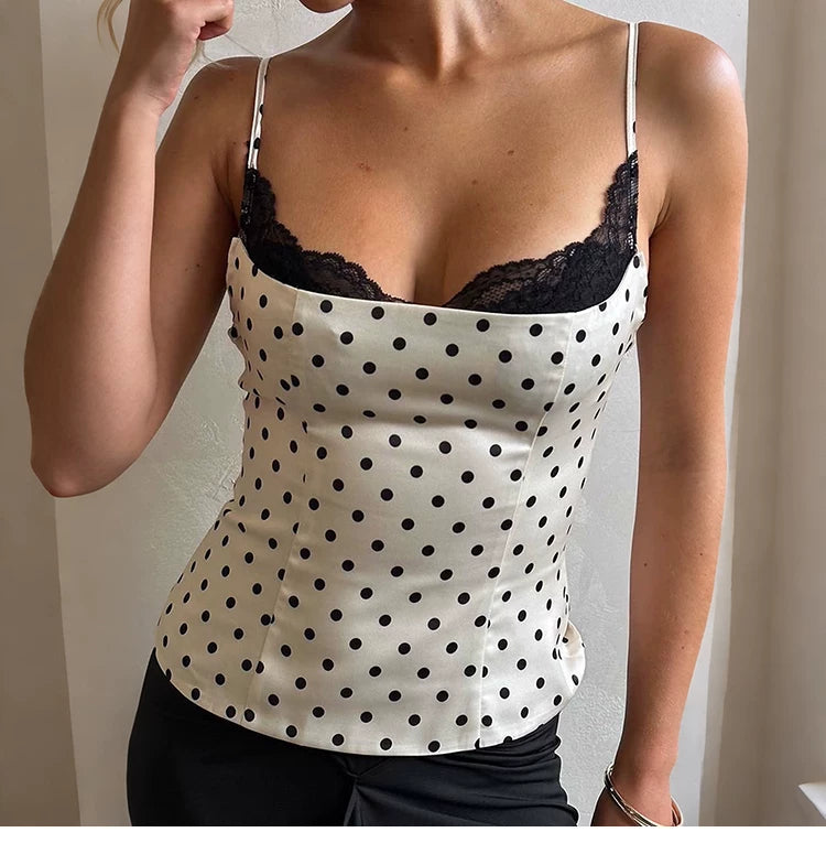 Sexy fit. Unique fashion. Lace patchwork with polka dots. Stretchable halter-necked top for women.