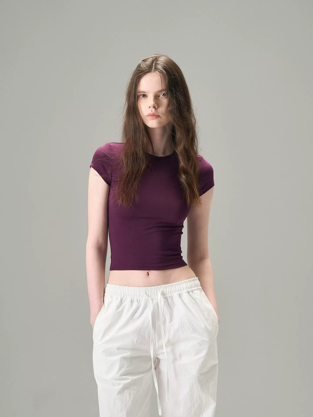 Silk purple short-sleeved T-shirt, women's slim-fitting and figure-shaping short-sleeved top