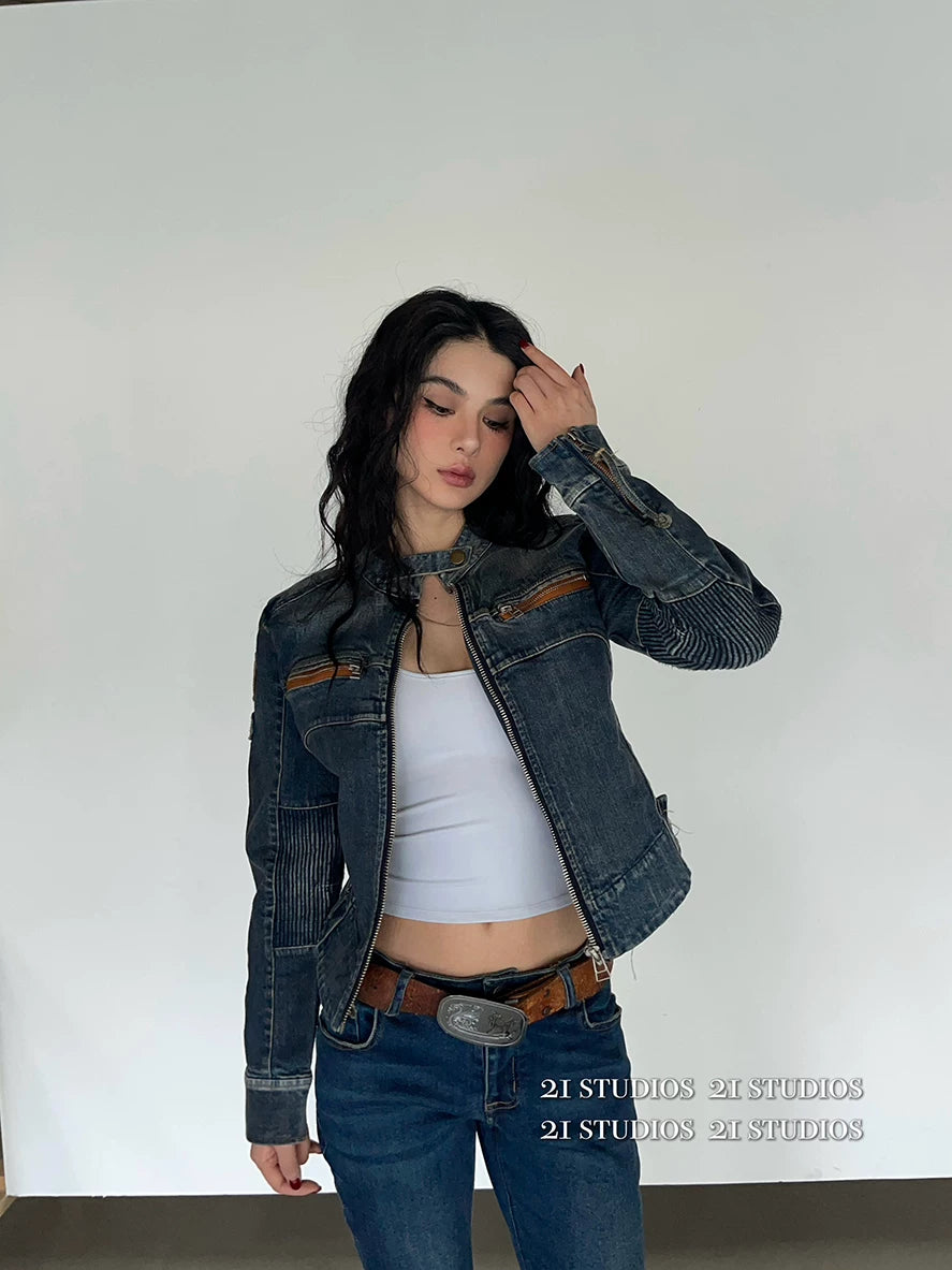 Retro Spring Denim Jacket for Women - Short Sleeve Coat - Denim Pants Set