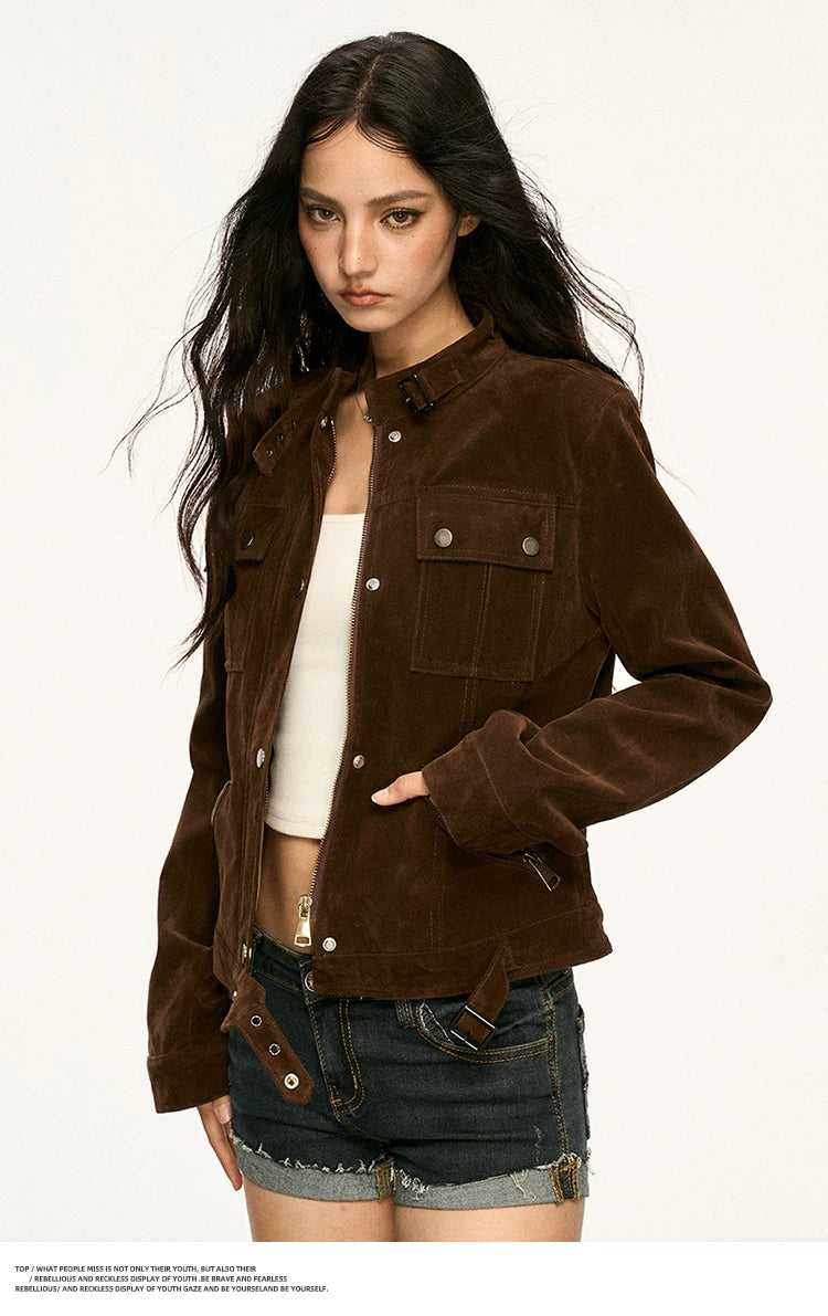 Brown suede collar coat for women, 2026 spring autumn new style, retro short style motorcycle jacket