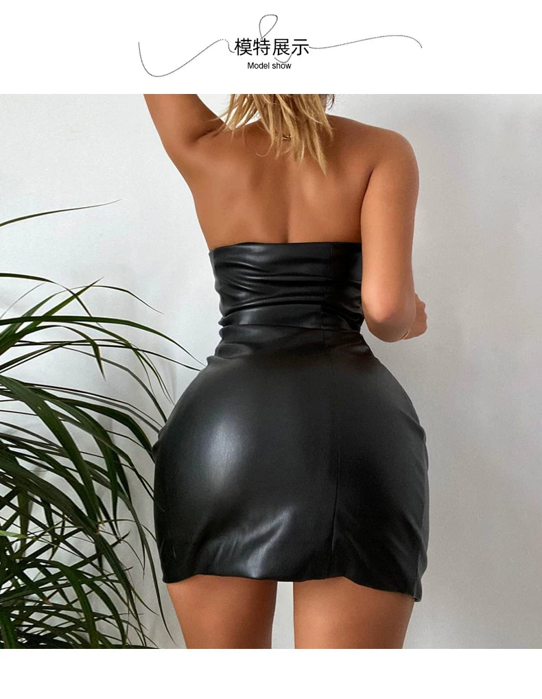One-shoulder sexy figure-hugging bust-warming dress for women. High-waisted slimming and hourglass-shaped black leather skirt.