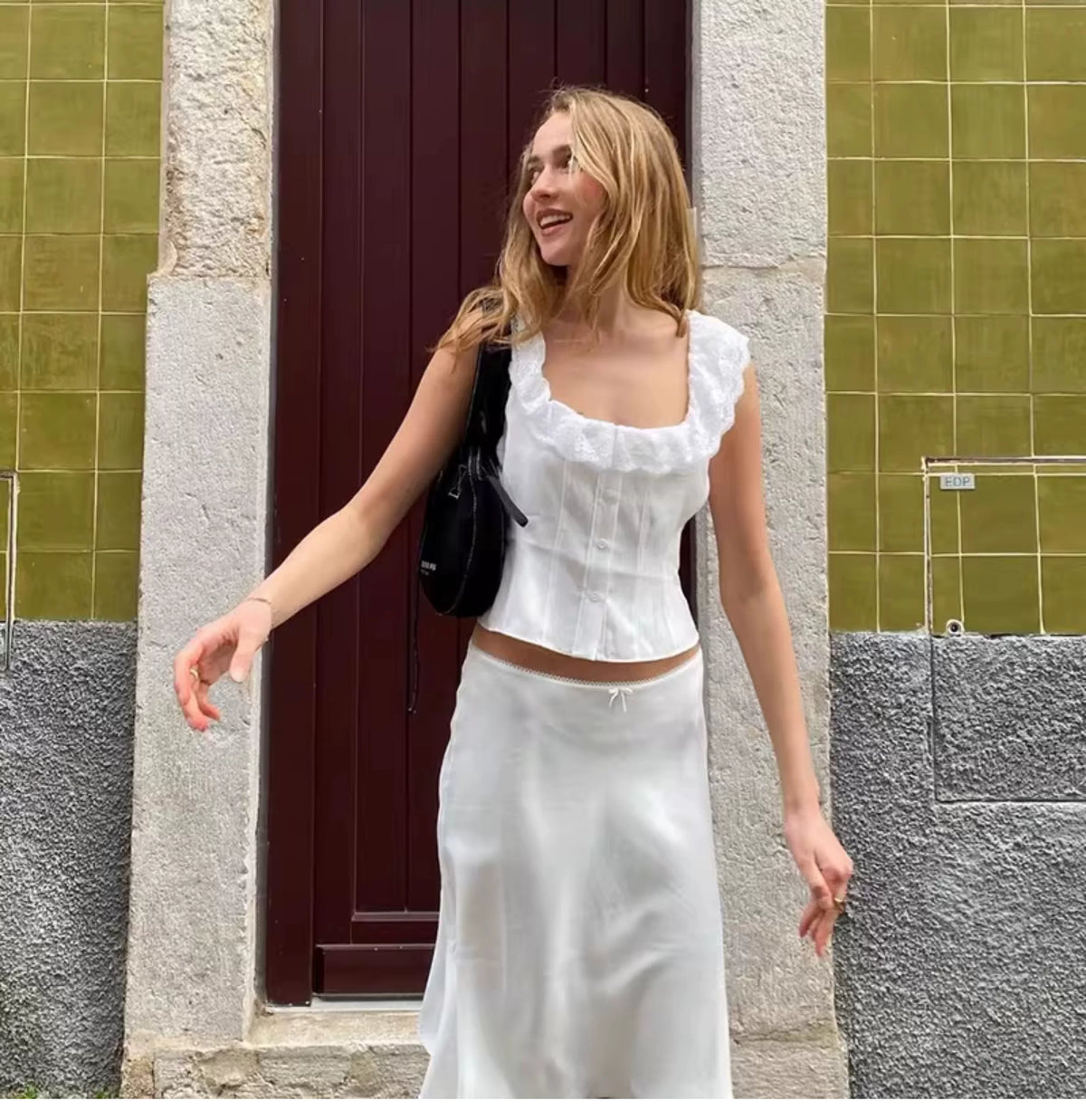 Summer lace-trimmed ruched V-neck single-button top with zipper high-waisted midi skirt - fashionable two-piece set for women