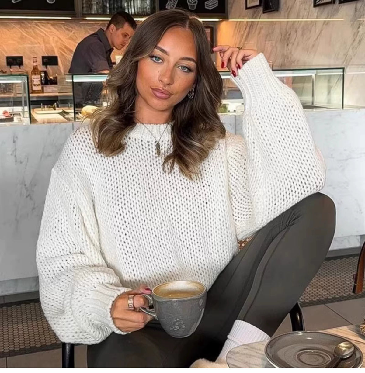 Fall new round-neck loose casual long-sleeved sweater - versatile for outerwear, lightweight semi-transparent trendy top