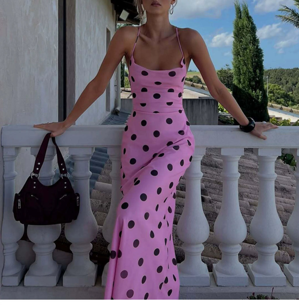 Holiday Trouble Point Print Strappy Waist-Slim Backless Halter Dress Feminine Long Skirt