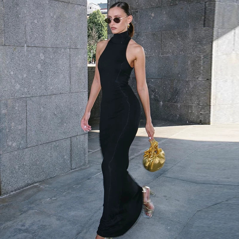 Ins-style half-neckless sleeveless dress for women, sexy chick, stretch fabric, high-waisted, elegant, knee-length dress