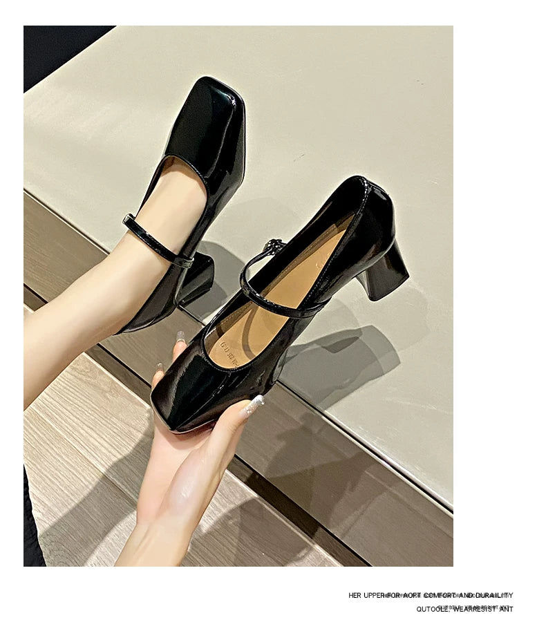 Spring/Summer New Style Thick-Topped Women's Leather Slingback Square-Toe Low-Cut Mary Jane Pumps with Skirt Button-Up High Heels